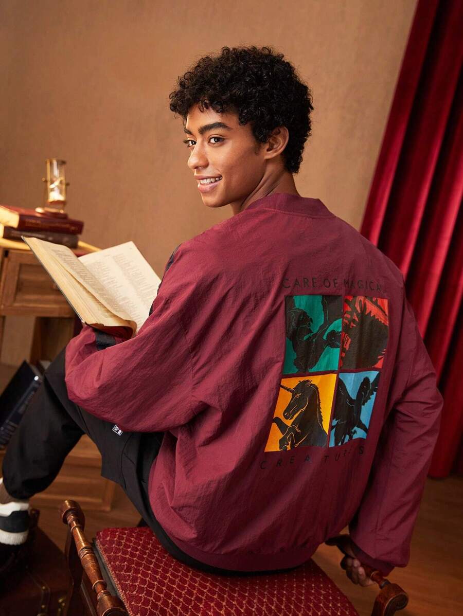 HARRY POTTER X SHEIN Men's Cartoon Printed Baseball Collar Jacket With Back Print - Red - View 1