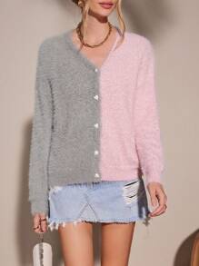 SHEIN LUNE Cardigan in maglia bicolore spalle cadenti morbido - Multicolore - Visualizzare 6