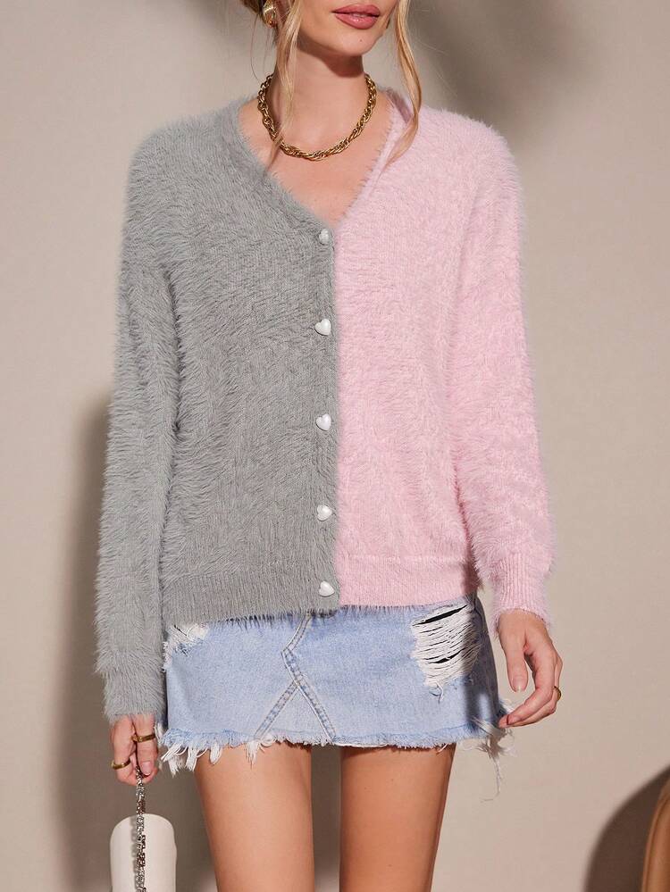 Two Tone Heart Button Front Drop Shoulder Fuzzy Cardigan Fall Cloth For Women