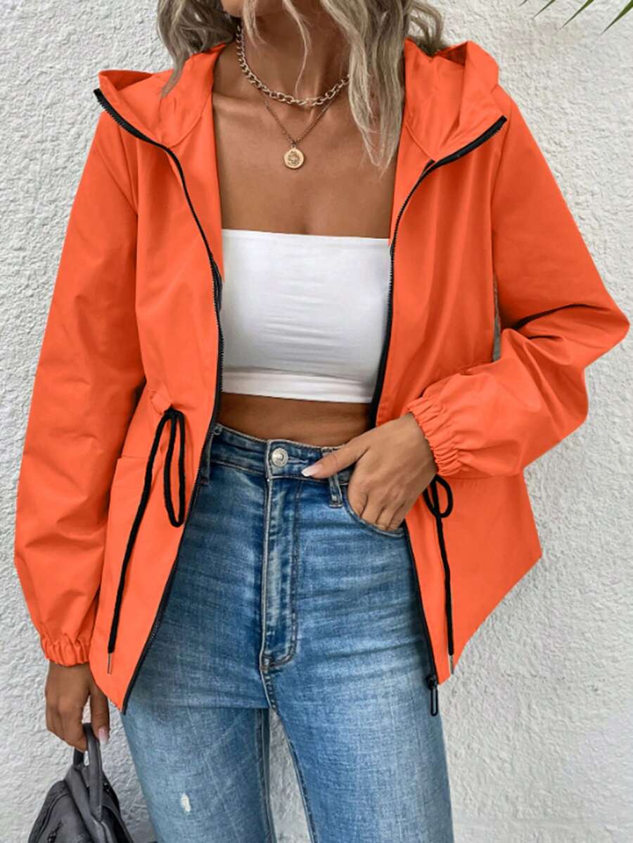 SHEIN LUNE Eo dây rút Dây kéo áo có mũ Áo khoác - trái cam - Xem 1