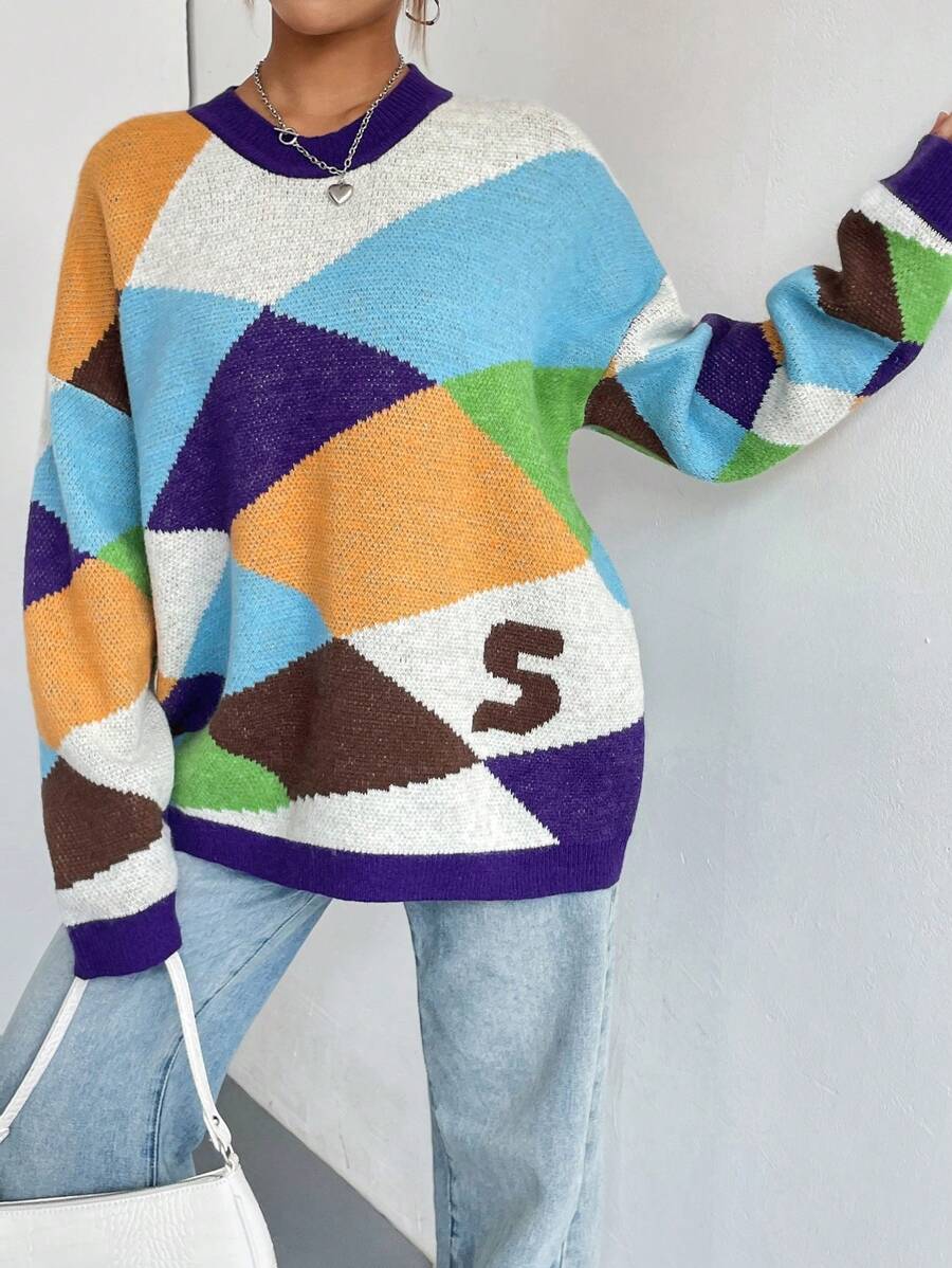 Chiquease Letter Pattern Drop Shoulder Sweater Knit Pullover Fall Winter Outfit