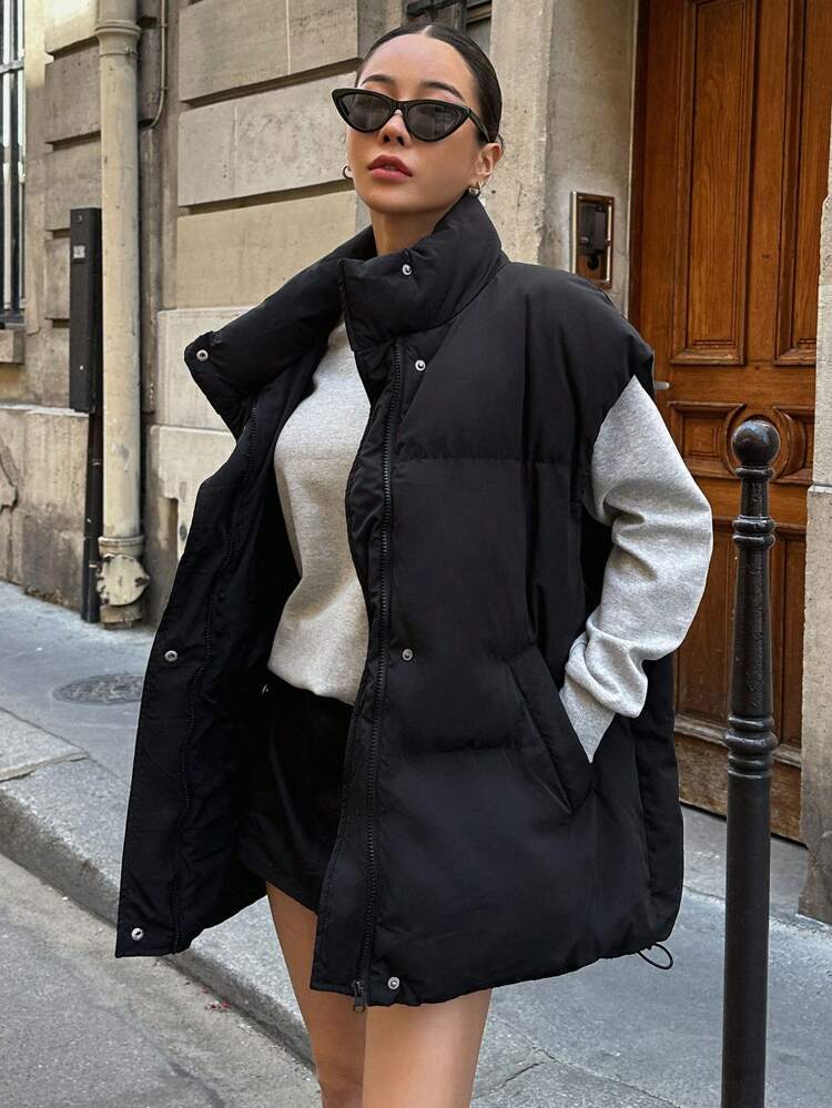 Zip Up Snap Button Drawstring Hem Vest Padded Coat, Winter Women Clothes, Padded Coat Women Jacket
