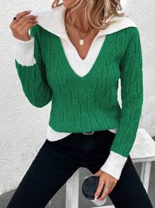 SHEIN Clasi Contrast Trim Cable Knit Contrast Collar Sweater - Green - View 3