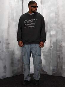 Manfinity VCAY Oversized Men Plus Size Slogan Graphic Drop Shoulder Sweatshirt, For Fall Winter - Black - View 6