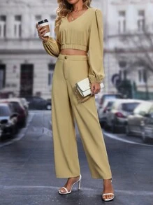 Chiquease Tay áo lồng đèn Top Cây trồng & Quần - Màu Khaki - Xem 5