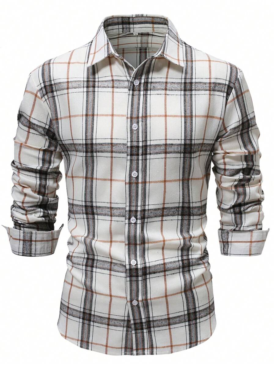 Camisa de hombre con estampado de cuadros, para otoño, parte superior de manga larga - Blanco - Ver 1