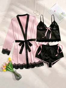 3pcs Lace Panel Bow Front Contrast Trim Belted PJ Set / Pajama Set Bow Tie