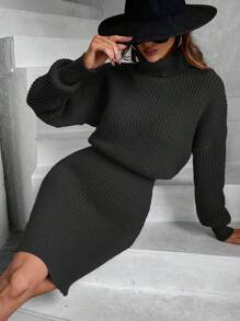 EMERY ROSE 高領落肩袖毛衣洋裝 - 黑色 - 查看 5