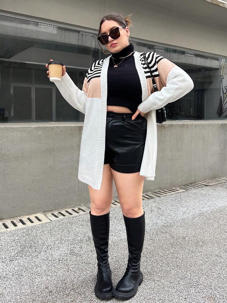 Plus Size Striped Pattern Cardigan
