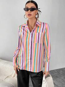 SHEIN Essnce Striped Print Pocket Patched Shirt - Multicolor - View 3