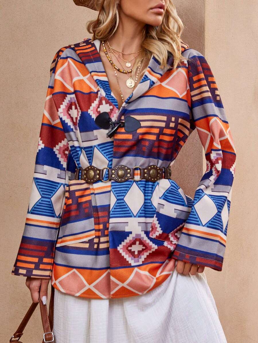 SHEIN LUNE Geo Print 連帽大衣（無腰帶） - 杏色 - 查看 1