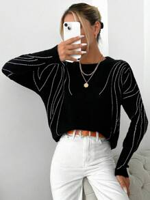 EURMUSE Jersey con patrón de rayas de hombros caídos - Negro - Ver 3