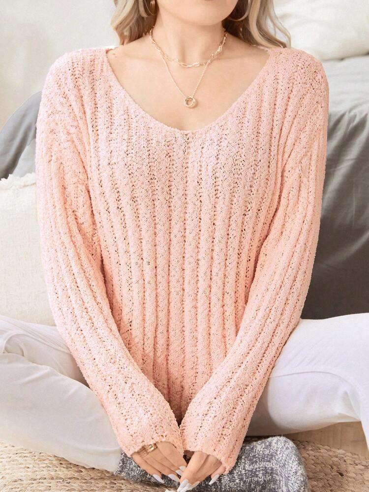 Plus Drop Shoulder Ribbed Knit Sweater Knit Pullover Fall Winter Sweater