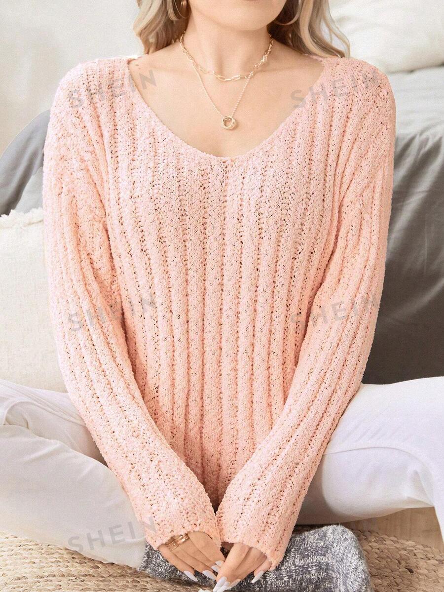 SHEIN Clasi Drop-Shoulder Pullover mit Rippstrick, Strickpullover für Herbst und Winter - Pink - Übersicht 1