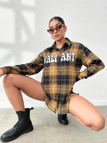 SHEIN Unity Plaid & Letter Graphic Drop Shoulder Coat Fall Cloth For Women - Multicolor - View 4