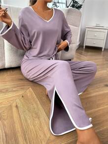 Contrast Binding Top & Split Hem Pants Lounge Set Cozy Outfit, Fall Winter Clothes - Dusty Pink - View 5