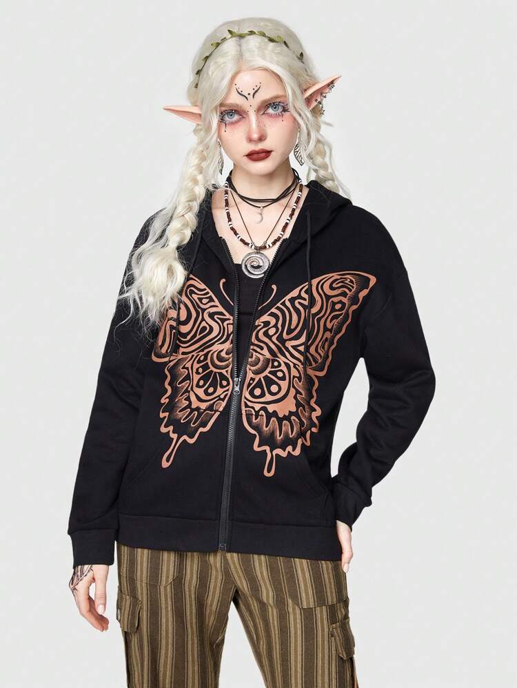 Butterfly Print Zip Up Thermal Lined Drawstring Hoodie