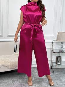 SHEIN Clasi Plus Mock Neck Belted Satin Wide Leg Jumpsuit - Hot Pink - View 4