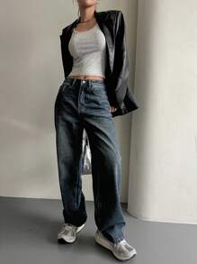 DAZY 高腰直筒牛仔裤、宽松牛仔裤 - 深色水洗藍 - 查看 3