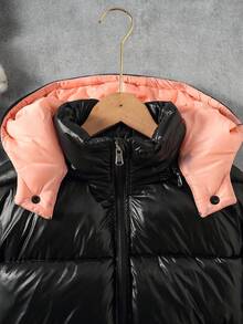 Teen Girls Zip Up Hooded Padded Coat - Black - View 3