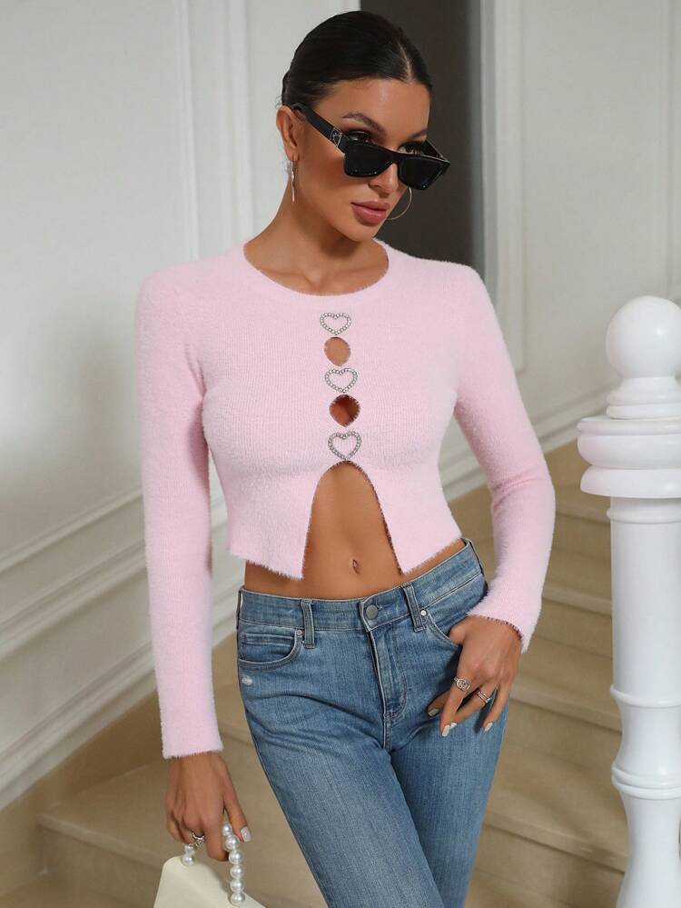 Heart Ring Linked Cut Out Front Crop Knit Pullover Fall Winter Sweater