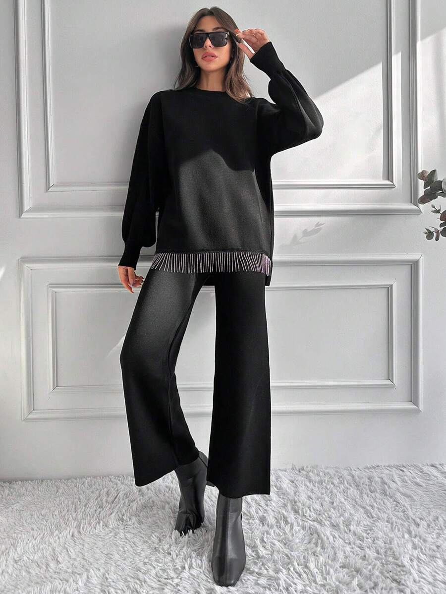 EURMUSE Fringe Hem Drop Shoulder Sweater & Knit Pants - Black - View 1