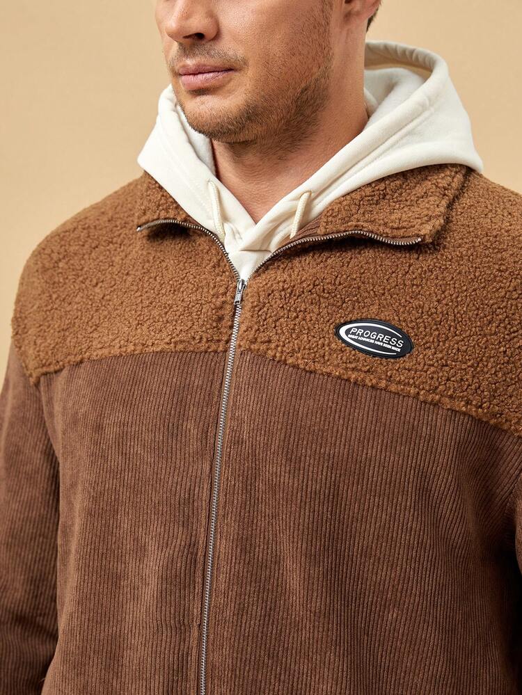 1pc Loose Fit Men Plus Size Letter Patched Zip-Up Corduroy Jacket, For Fall Winter