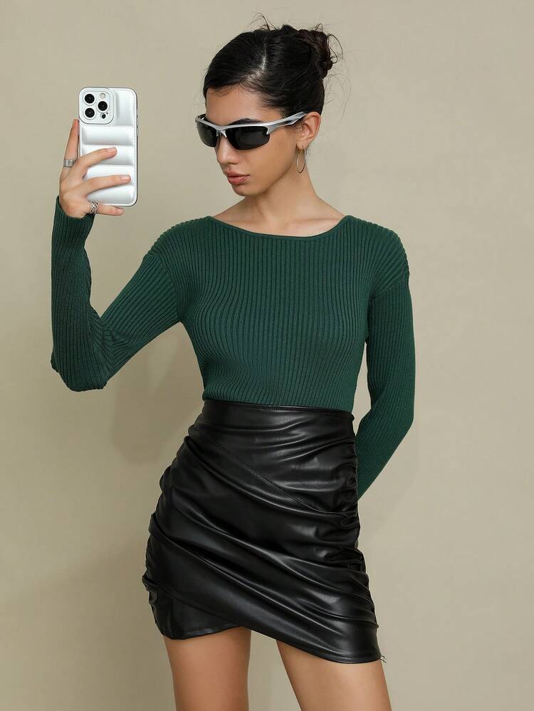 Solid Ribbed Knit Drop Shoulder Knit Pullover Fall Winter Sweater