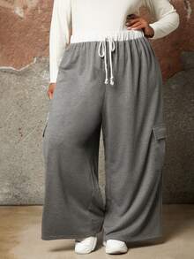 SHEIN CURVE+ Hơn Eo dây rút Túi nắp bên cạnh Quần thể thao - Nhiều màu - Xem 5