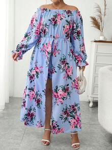 Celure Plus Floral Print Off Shoulder Flounce Sleeve Romper - Blue - View 6