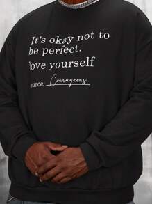 Manfinity VCAY Oversized Men Plus Size Slogan Graphic Drop Shoulder Sweatshirt, For Fall Winter - Black - View 5