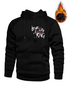 NITAGUT Men Slogan Graphic Drawstring Thermal Lined Hoodie - Black - View 2