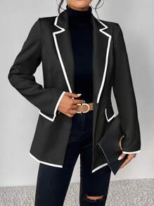 SHEIN LUNE 撞色滾邊翻蓋細節單扣西裝外套 - 黑色 - 查看 4
