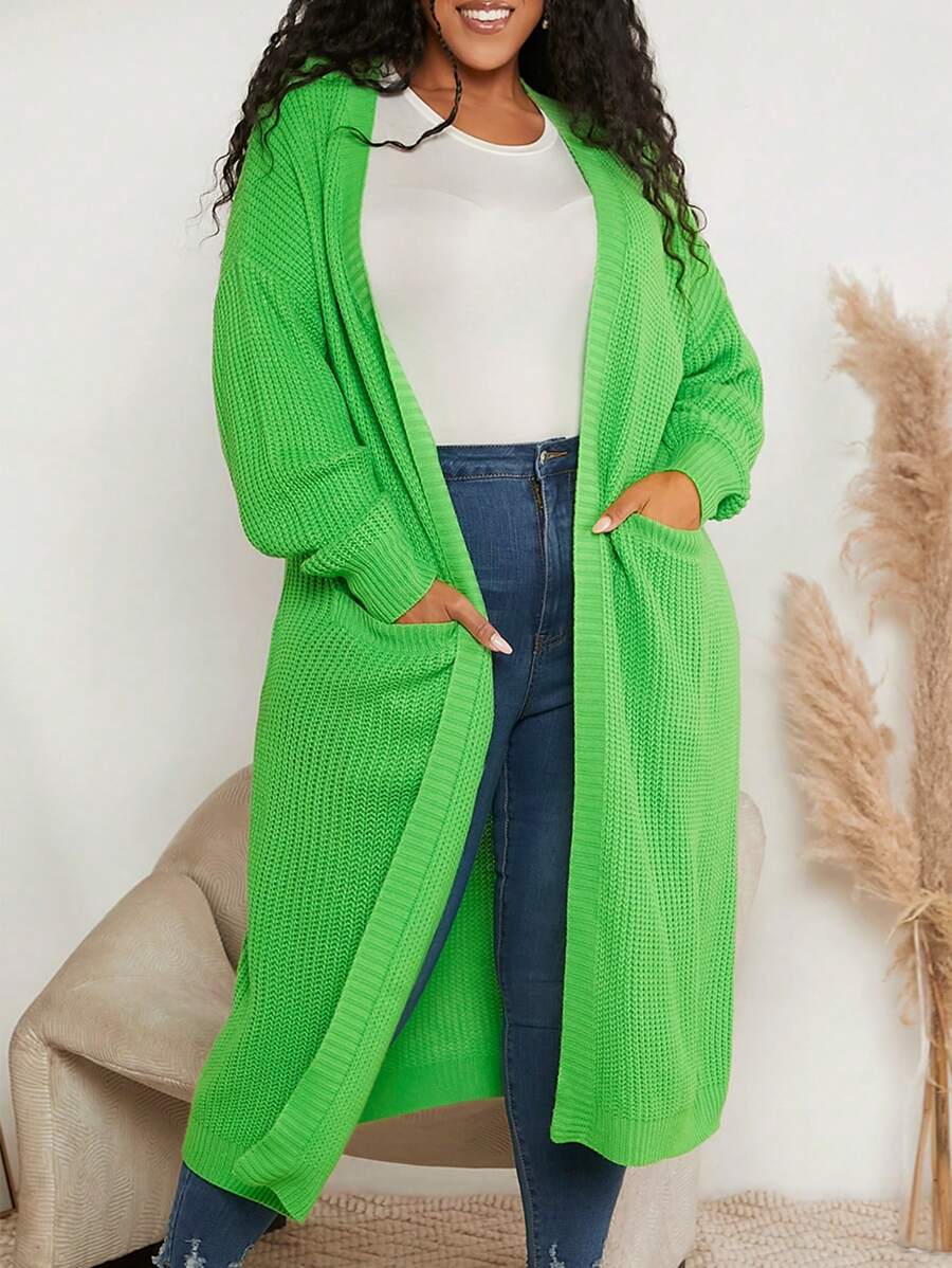 SHEIN CURVE+ Kích thước lớn Màu thuần Giải trí Dài Áo len Mở - màu xanh lá - Xem 1