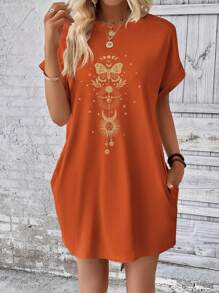 INAWLY Váy in hình bướm tay áo cánh dơi Áo thun có túi ẩn - Màu Cam cháy - Xem 6