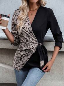 SHEIN Clasi Contrast Leopard Print Knot Side Wrap Blouse - Black - View 1