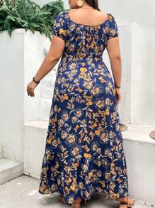 SHEIN VCAY Große Größe Kleid mit Blume Muster, Schlitz, - marineblau - Übersicht 2