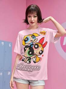 The Powerpuff Girls | ROMWE 卡通图案 T 恤，学校 - 粉色 - 查看 2