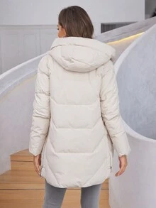 HaiLuoZi Slant Pocket Zip Up Hooded Padded Coat - Beige - View 4