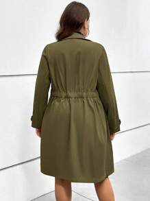 SHEIN Essnce Plus Lapel Neck Ruched Waist Button Front Trench Coat - Army Green - View 2