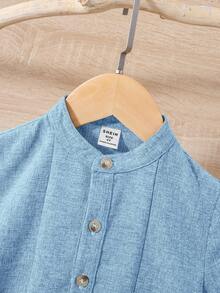 SHEIN Chico joven Camisa con botón de manga enrollada - Azul - Ver 6