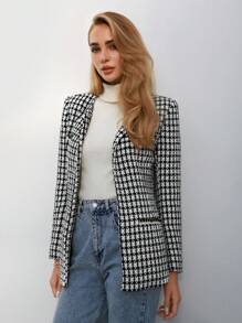 BizChic Plaid Pattern Open Front Tweed Overcoat