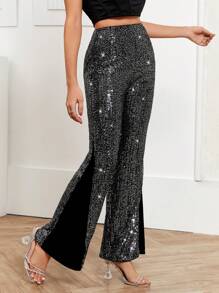 SHEIN Privé Sequin Flare Leg Pants - Black - View 1