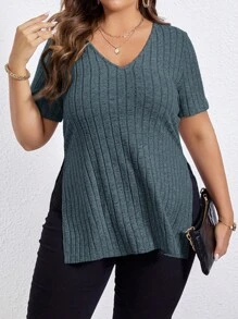 SHEIN Essnce Plus Split Hem Ribbed Knit Tee - Teal Blue - View 3