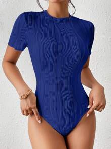 SHEIN Frenchy 女士纯色圆领镂空刺绣短袖紧身衣，时尚，返校服装，复古风格，秋季服装，7 月 4 日服装，教师服装 - 藏蓝色 - 查看 5