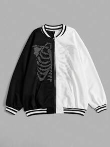 SHEIN EZwear Halloween 1pc Skeleton Rhinestone Two Tone Striped Trim Drop Shoulder Bomber Jacket - Black and White - View 4