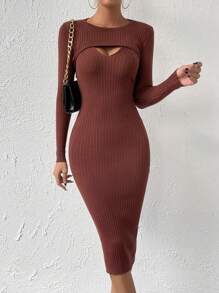 Chiquease Ribbed Knit Sweater Dress & Super Crop Sweater - Coffee Brown - View 3
