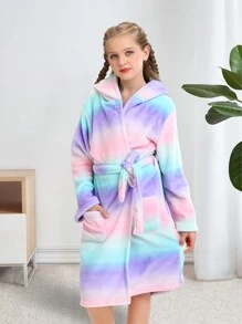 Chica preadolescente Bata de dormir de tie dye con capucha con cinturón de franela - Multicolor - Ver 1