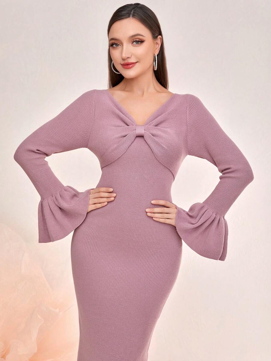 Modelyn Chất rắn tay áo lá sen Đồ đan Ribbed Váy len bó sát - Bụi tím - Xem 1