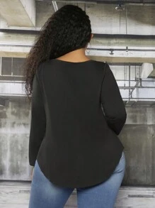 SHEIN CURVE+ Plus Striped Print V Neck Tee - Black - View 3